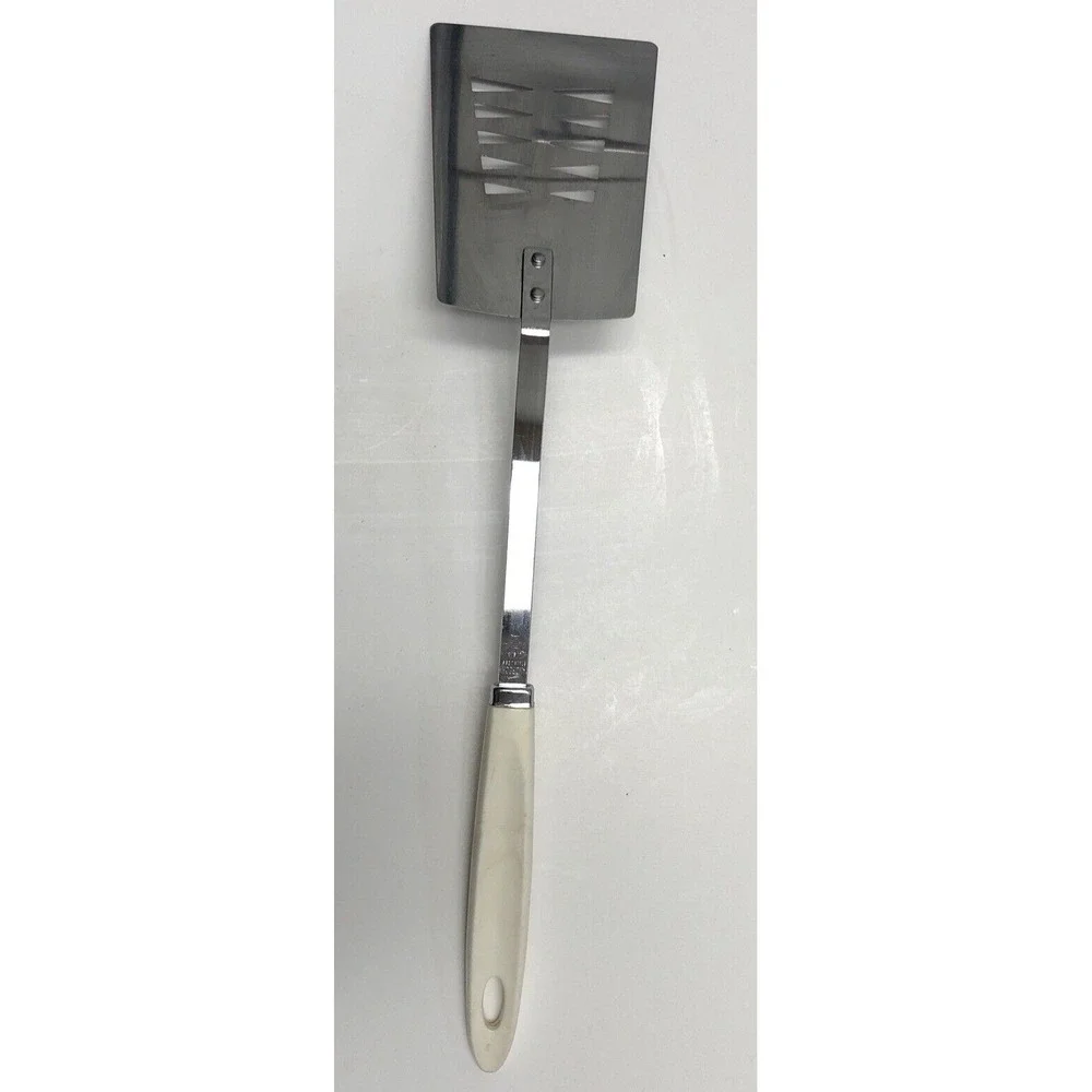 Vtg Androck Stainless Slotted Spatula Turner White Handle USA 14
